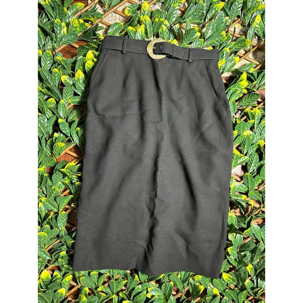 Vintage 100% Wool Black Midi Skirt with Gold Belt Size Small - Image 4