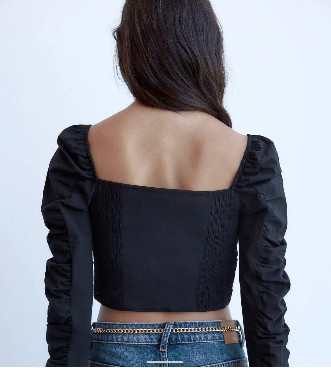 Black Ruffle Crop Top with Gathered Details - Image 2