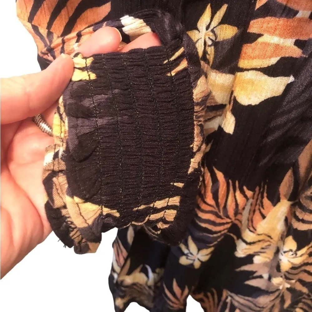 Billabong IN MY HEART Wrap Mini Dress M Ruffle Hem Printed Black Terracotta FALL - Image 5