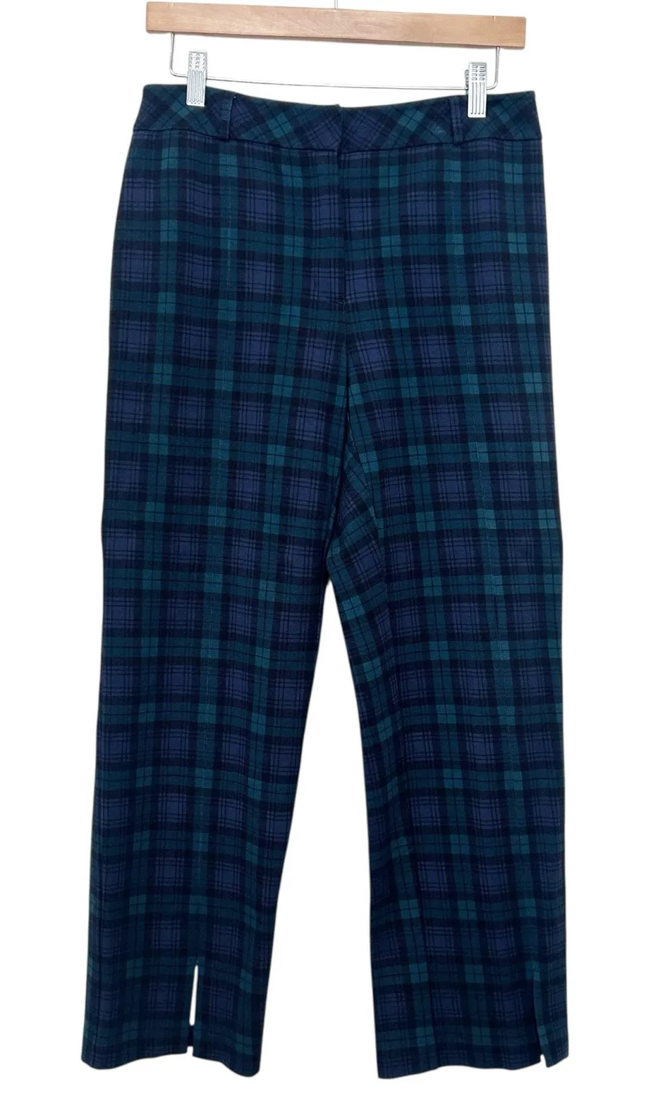 J. McLaughlin Green Blue Plaid Dress Pants Split Hem Sz 6 - Image 1