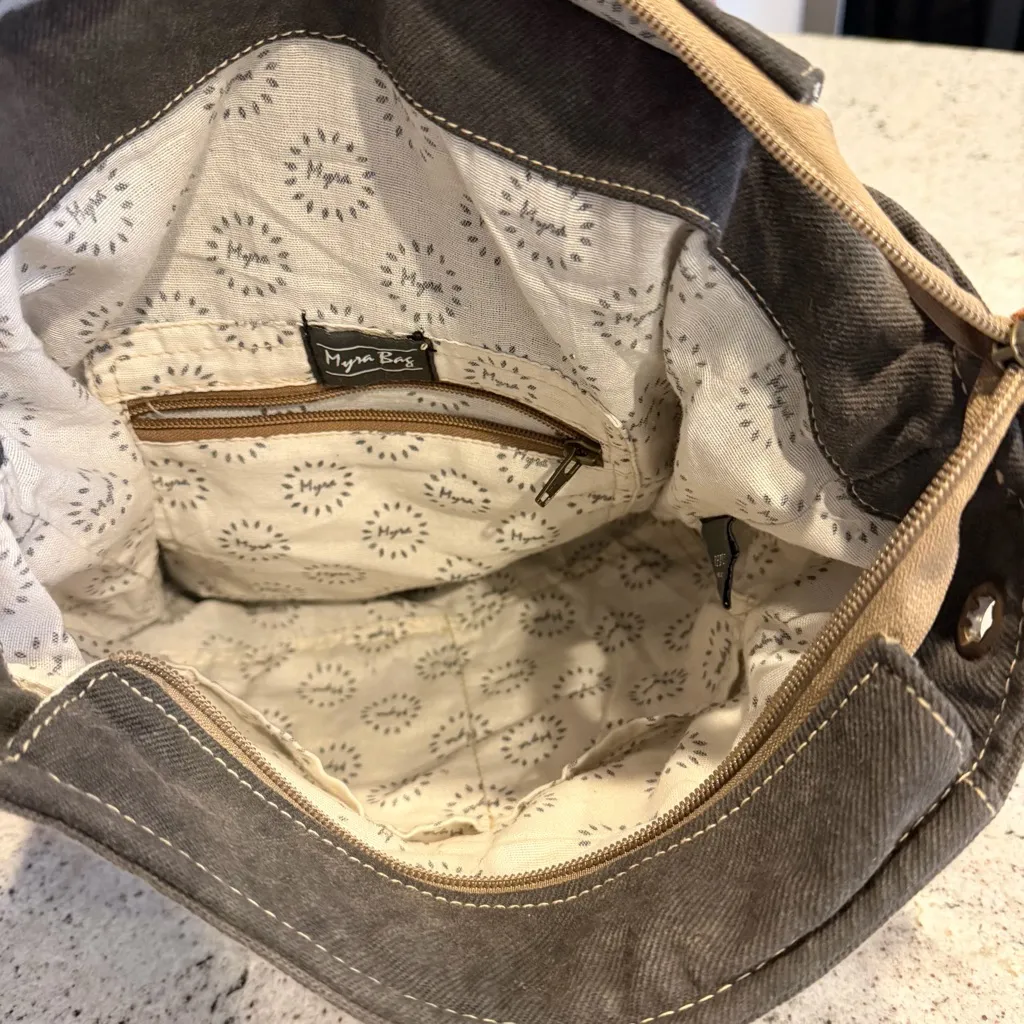 Myra Bag Boho Canvas Leather Backpack Convertible Crossbody Bag Brown - Image 9