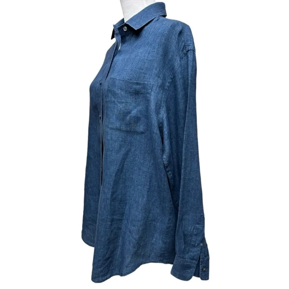 Lauren Ralph Lauren 100% Linen Long Sleeve Button Up Blue Top Blouse Size‎ M Size M - Image 2