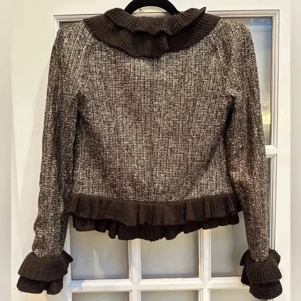 Magaschoni Collection Gold Metallic Tweed Ruffled Wool Blend Jacket Size 2 - Image 4