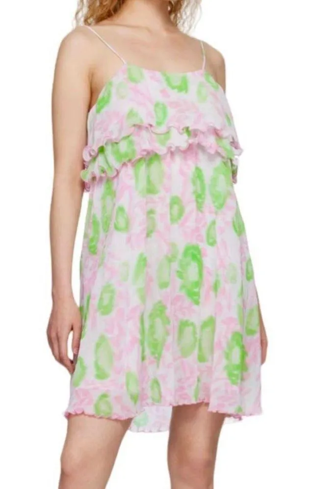Ganni Floral Pleated Layered Mini Dress Pink and Green Size S NWT - Image 15