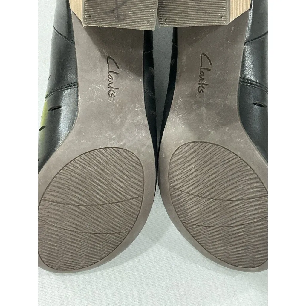 Womans Clarks Soft Cushion Size 11 Black Leather Peep Toe Zipper Block Heel Shoe - Image 8