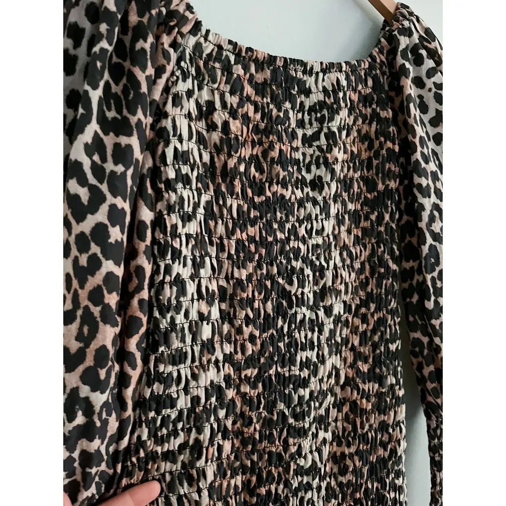 Ganni | Smocked Leopard Print Puff Sleeve Silk Blend Dress |  EU 34 / US 4 - Image 5