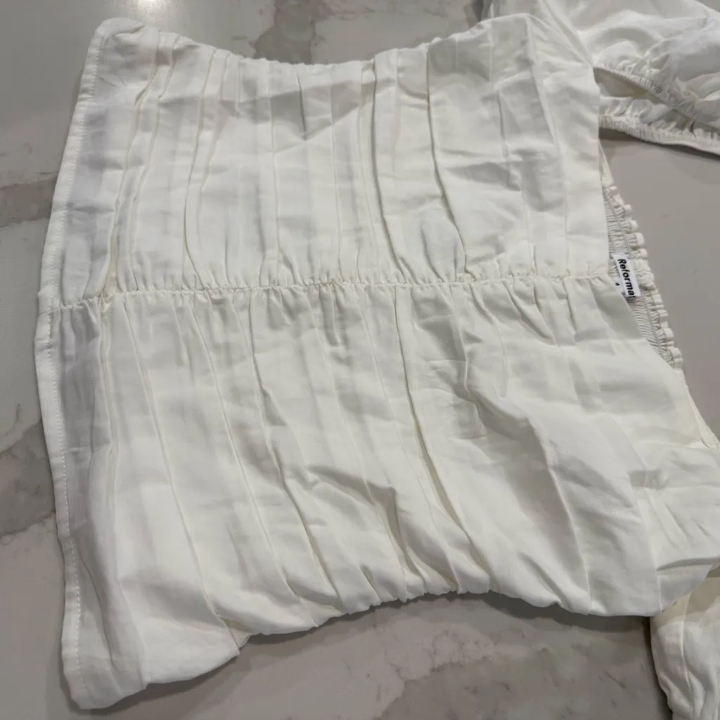 Reformation x Anthropologie Radish Puff Sleeve Ruched Top Womens 4 White ZipBack - Image 7