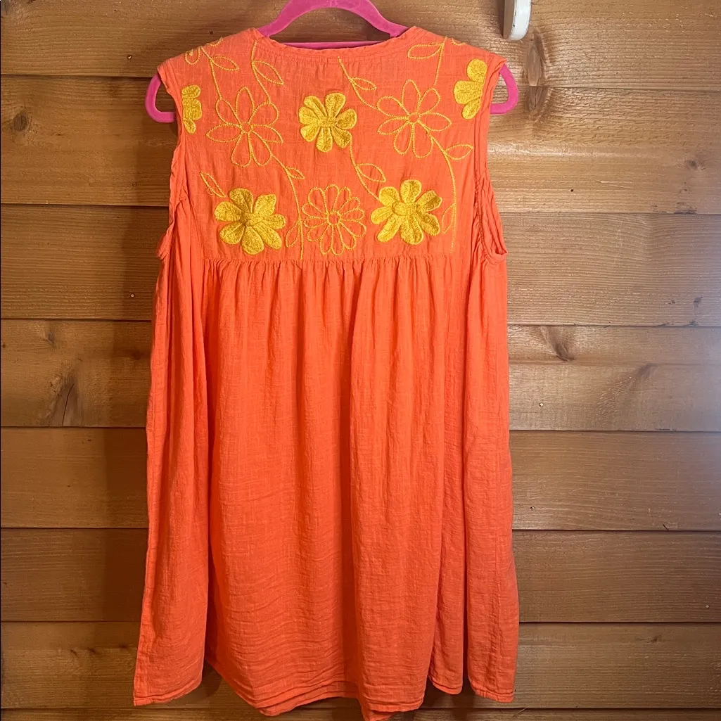 Uncle Frank Anthropologie Orange Coral Floral Embroidered Babydoll Dress M/L - Image 7