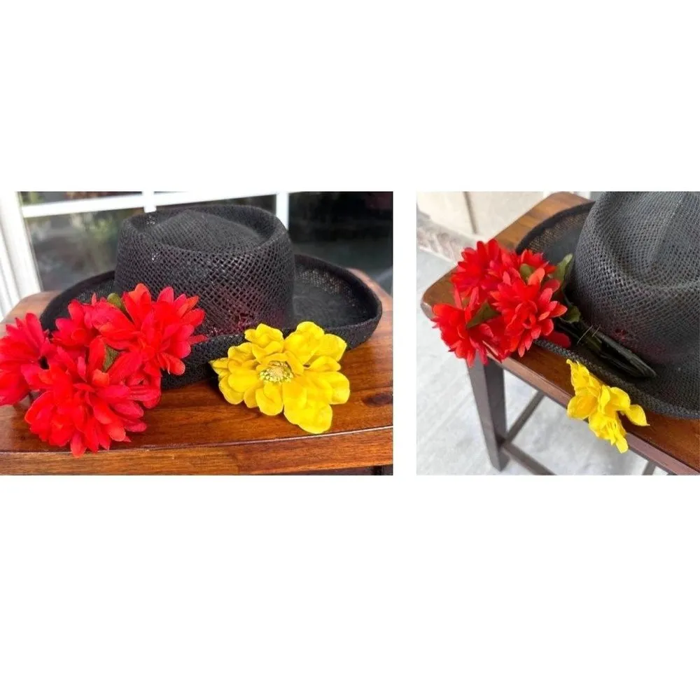 VTG The Scala Collection Black Straw Weave Hat Flower Embellishments Cru… - Image 4