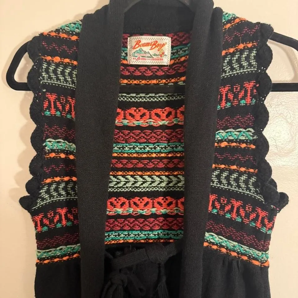 Beams Boy Fair Isle Knit Fringe Vest Cardigan Sweater Black Multi Color Size M Size M - Image 3