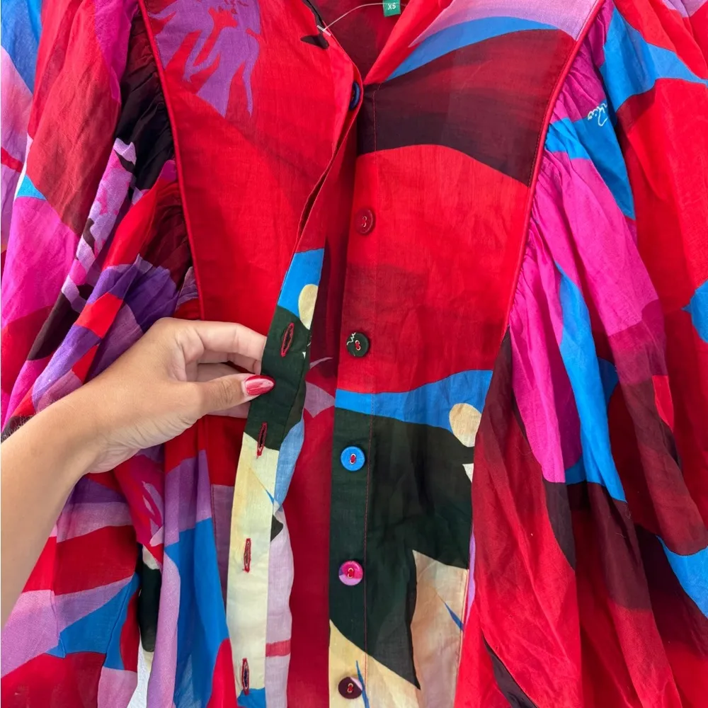 FARM RIO Red Watercolor Floral Long Sleeve Blouse XS - Image 10