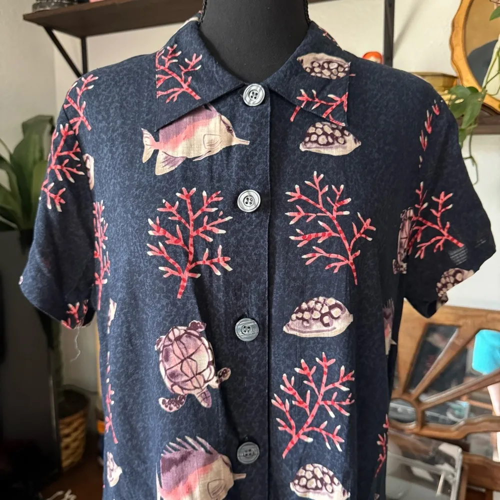 Vintage 90’s Tropical Fish Button Down Shirt Dress Blue Size L - Image 2