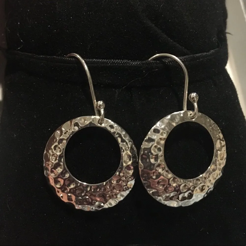 Drop Open Disc Sterling Silver Hammered Finish Circle Earrings - Image 8