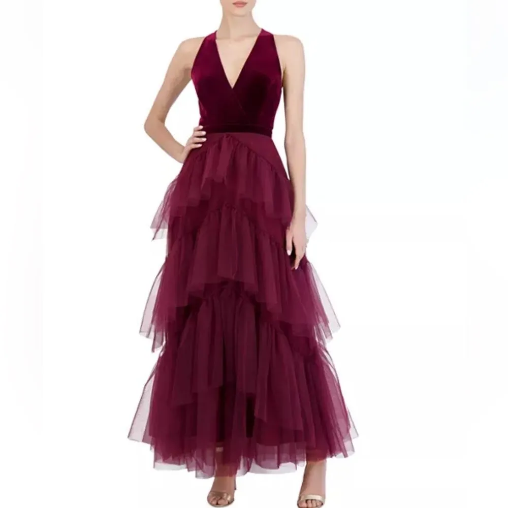 BCBGMAXAZRIA Keyhole Back Velvet & Tiered Tulle Dress, Cabernet Burgundy XL - Image 7