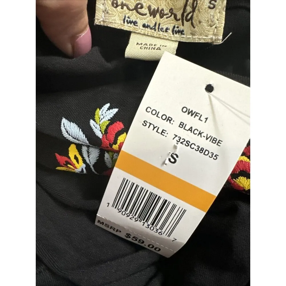 One World Floral Embroidered Boho Peasant Blouse Size S Taseled Bell Sleeve NEW - Image 5