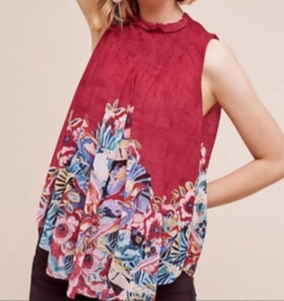 Anthropologie Deletta Epona Tropical Bird Floral Mock Sleeveless Top Red - Image 13