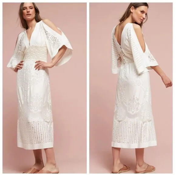 Farm Rio Solana Cutout Cold Shoulder Ivory Midi Dress Boho Anthropologie Size S - Image 2