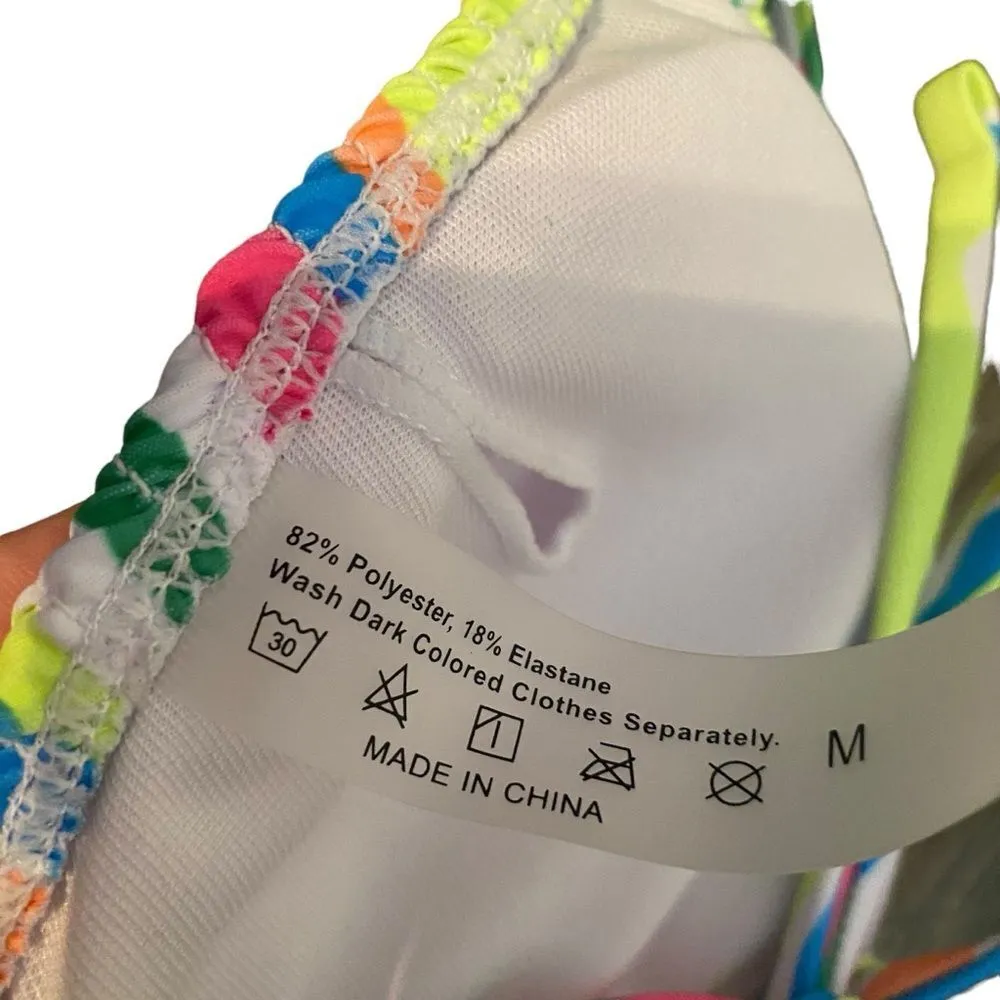 Amazon Womens M Smocked Triangle Bikini Set Rainbow Swirl Scrunch Multicolor New - Image 7