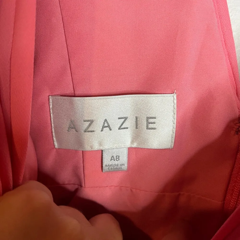 Azazie Ranvie Coral Flowy V-Neck Pleated Chiffon Dress - Image 4