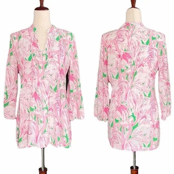 Lilly Pulitzer Pink Flamingos 3/4 Sleeve Tunic Tropical Print Women’s Size Small - Image 2