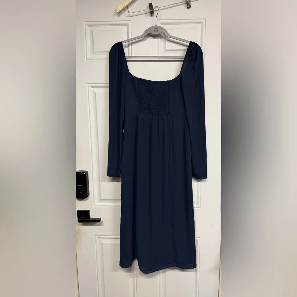 BHLDN Anthropologie Navy Blue Square Neck Midi Slit Formal Dress - Image 4