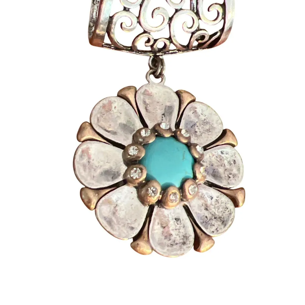 Vintage Silver Tone Faux Turquoise Scarf Slide Pendant Flower Rhinestones Estate - Image 2