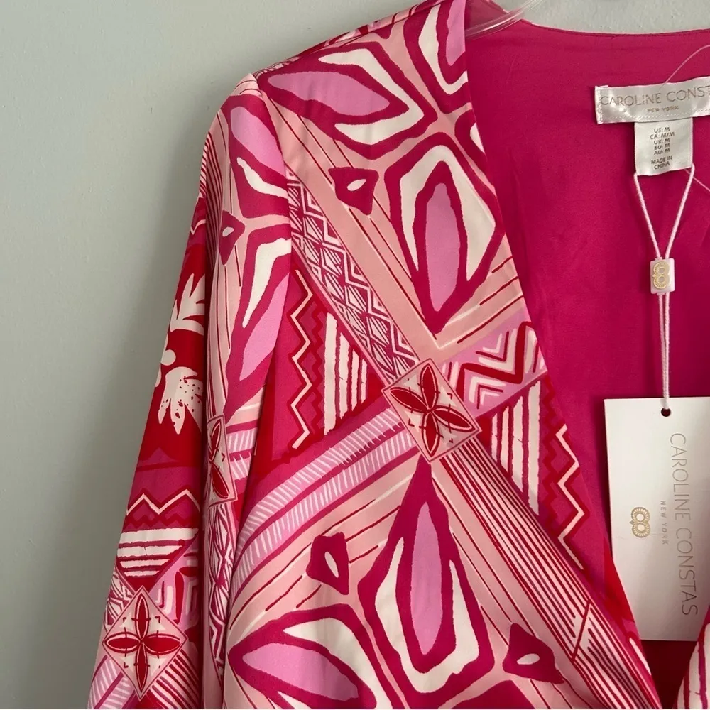 NEW NWT Caroline Constas Cropped Satin Blouse Vneck Boho Patterned Pink Size M - Image 7