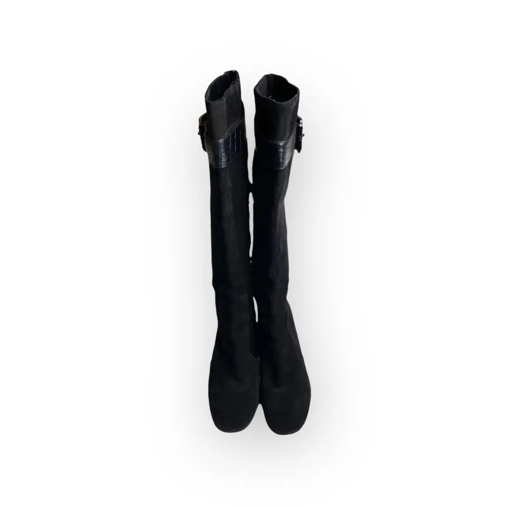 ♔ Croc Embossed Buckled Tall Heeled Boots Boot ♔ Black Suede ♔ 6M ♔ - Image 6