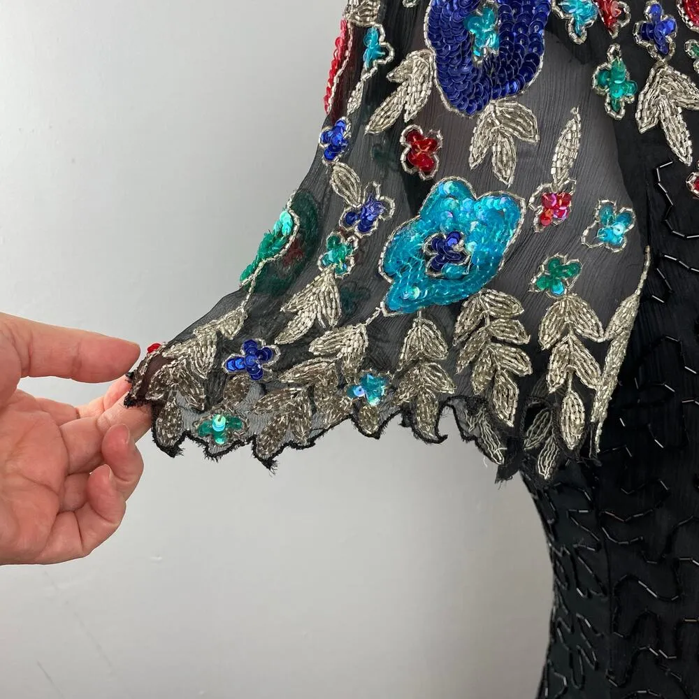 Vintage 80s Scala Black Fully Beaded Floral Silk Sheath Cocktail Dress Size 6 - Image 5