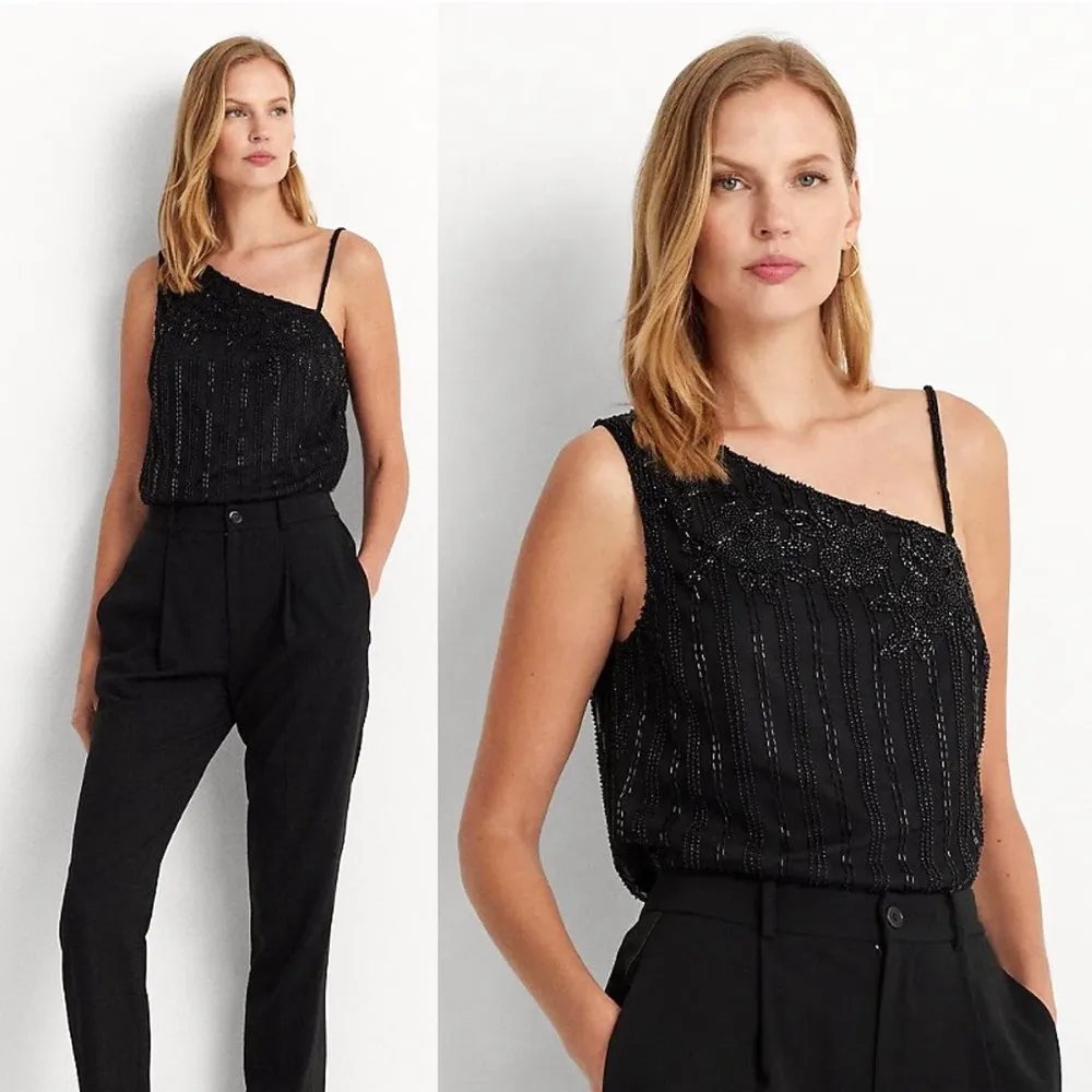 NWT Ralph Lauren Beaded Mesh One Shoulder Camisole Top Floral Glam Party Black S - Image 2