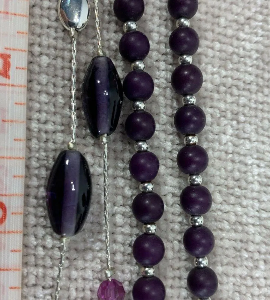 Multi Strand Purple Glass and Silver Tone Bead Chain Necklace - Image 7