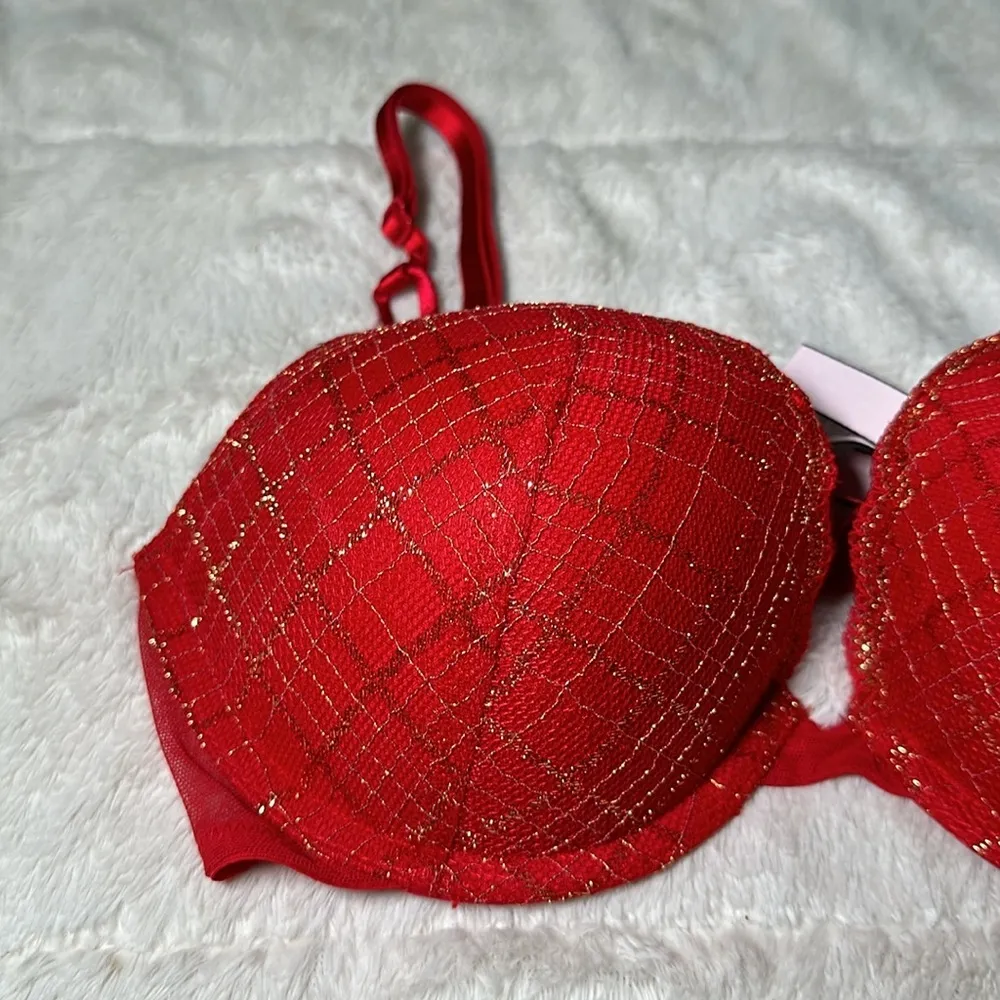 Victoria’s Secret Push Up Lined Demi Lace Bra Red Gold Metallic Size 32 D NEW - Image 12