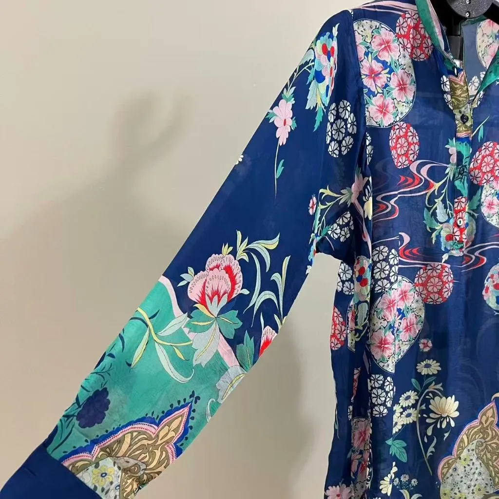 NWOT Johnny Was Blue Floral Kimono Ellyonora Half Placket Tunic Shirt Dress S - Image 5