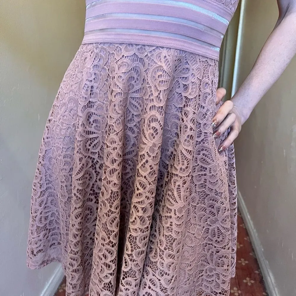 City Studios Lace Illusion Fit & Flare Dress High Neck Mini Blush 3 XS $55 - Image 5