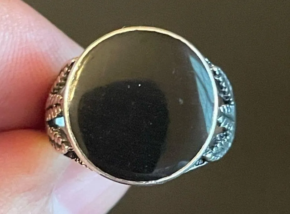 Natural round black obsidian S925 silver ring size 6.5 - Image 5