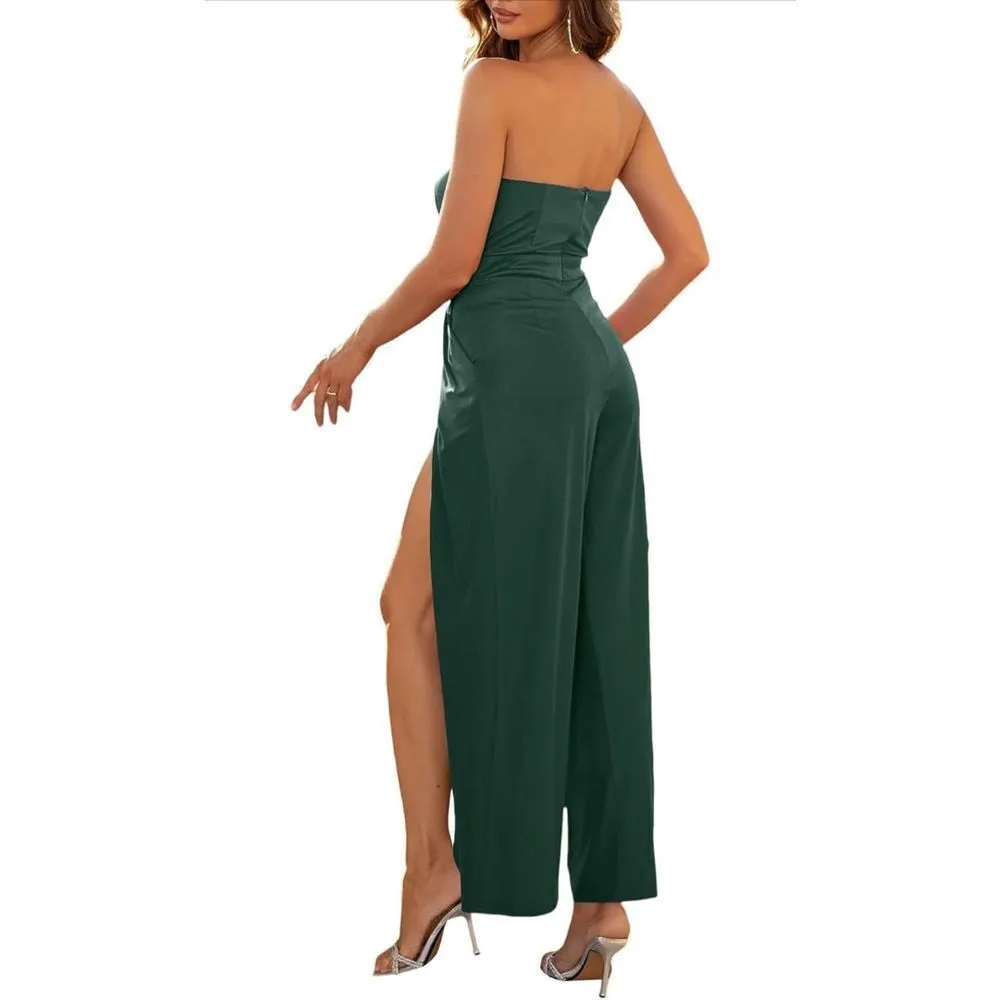 NEW Strapless Sleeveless High Split Wide Leg Jumpsuit L Green Size L - Image 2
