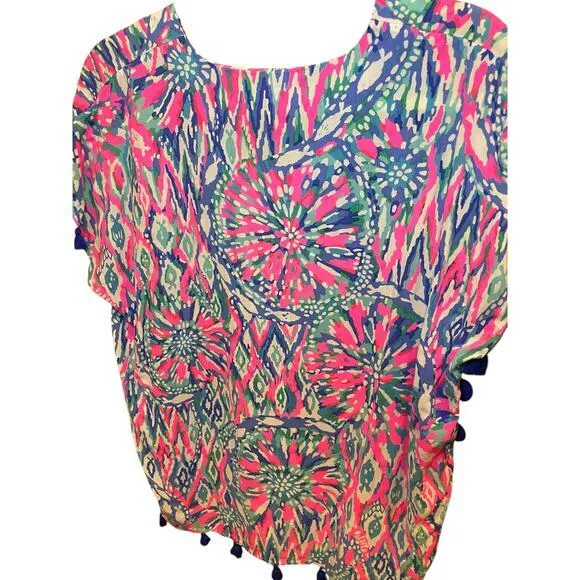 Lilly Pulitzer Women‎ XS Top Tunic Short Sleeve Sydney Caftan Pink Blue Tassels - Image 13