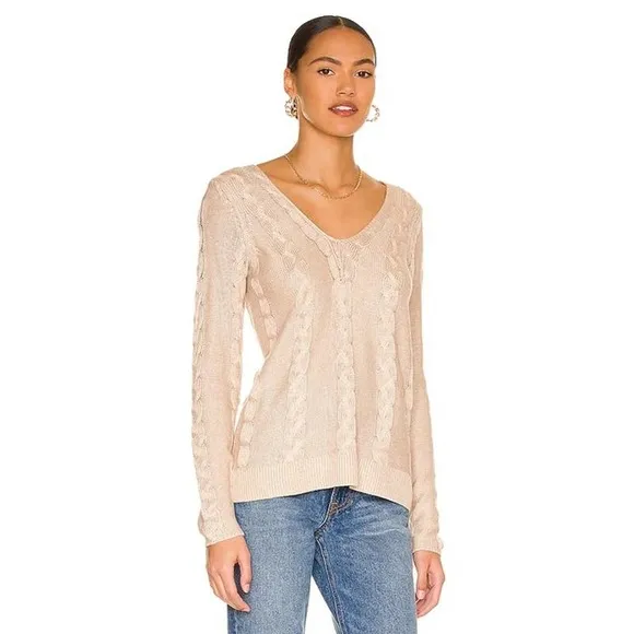 L'Agence Pia Soft Camel V-Neck Cable Knit Long Sleeve Sweater Size M - Image 17
