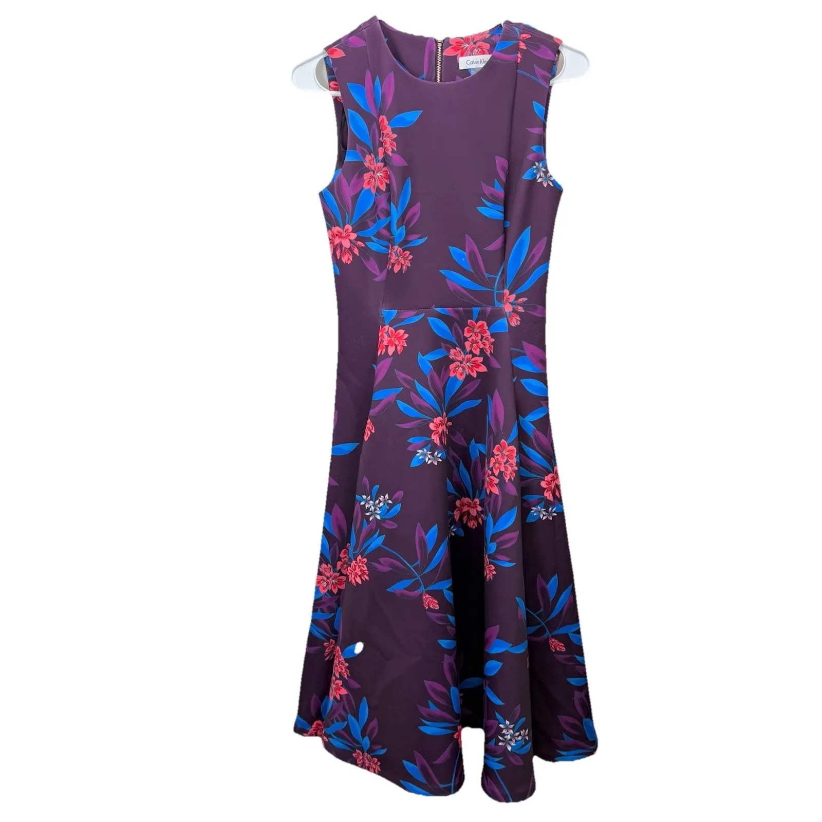 Calvin Klein Purple Floral Sleeveless Flare Scuba Knit Midi Dress Size 2 Pockets - Image 2