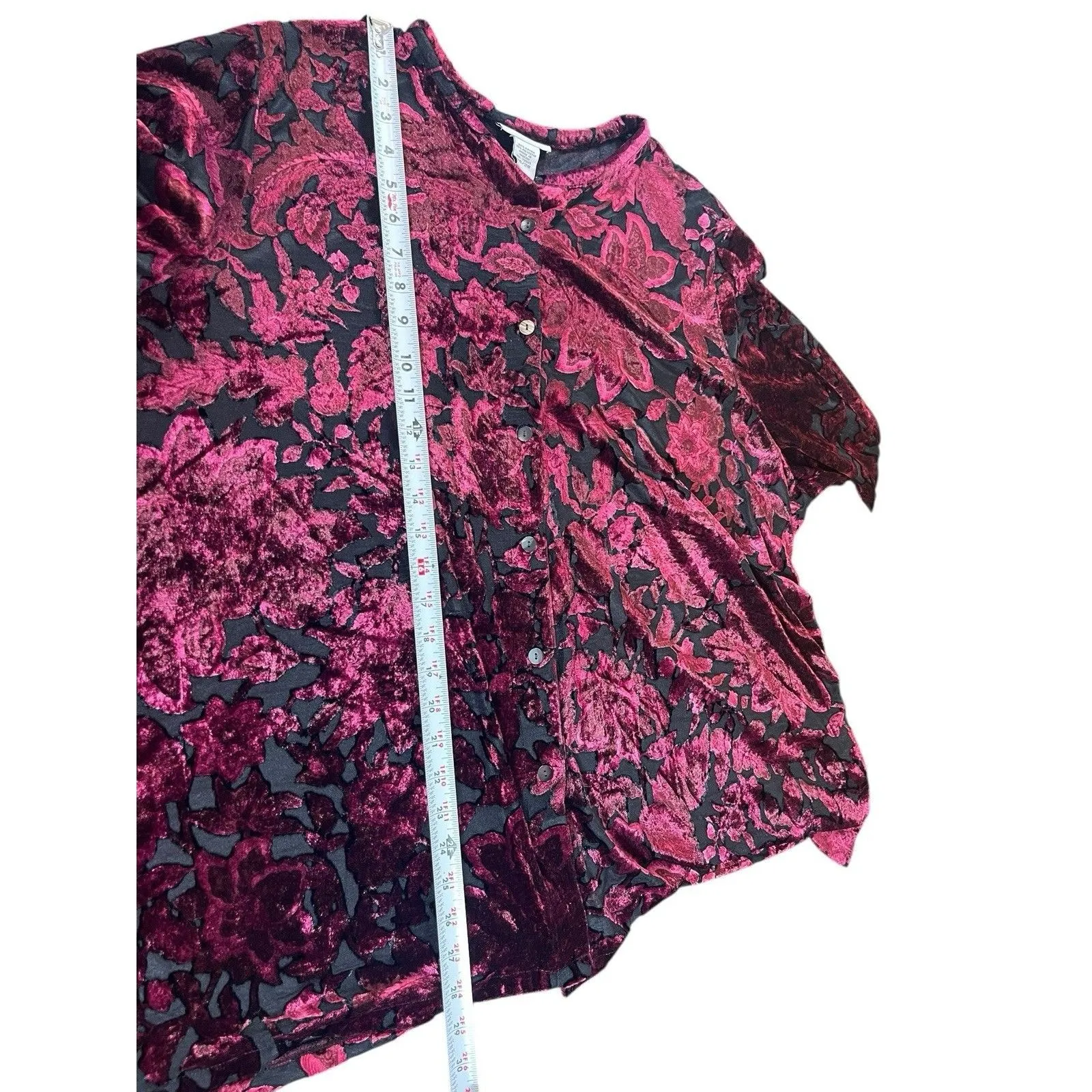 Avenue 26/28 Velvet Burnout Blouse Burgundy Floral Button Up Top Holiday Party - Image 6