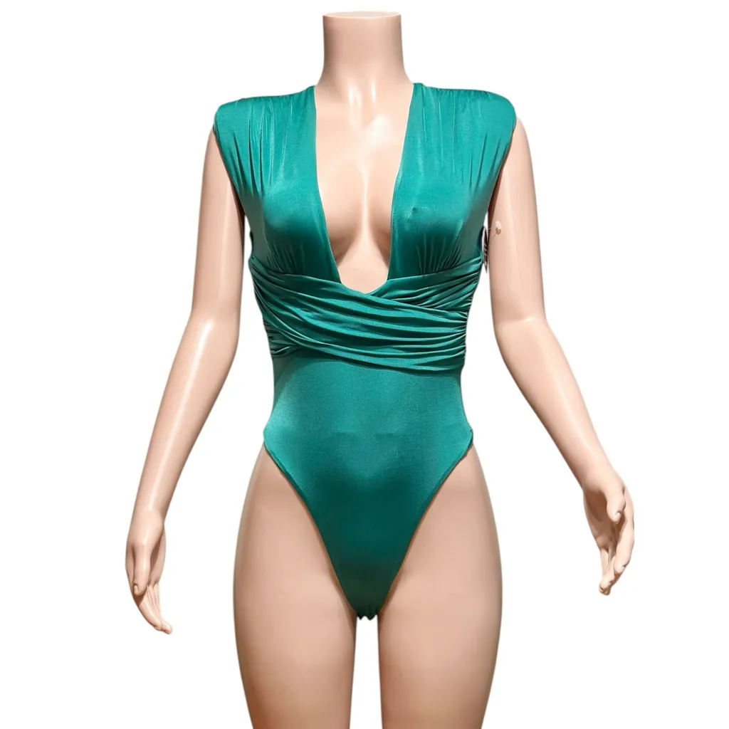 NOOKIE Dare Plunging Bodysuit W/ Padded Shoulders, Emerald Green, Small - Image 6