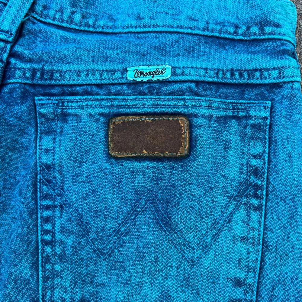 80s Wrangler acid wash neon teal high rise taper ankle wedgy fit cowgirl jeans - Image 6