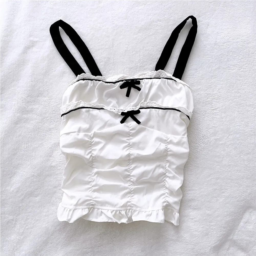 Japanese Kawaii Y2K Balletcore Cottage Style Black White Ruffle Lace Tank Top - Image 3