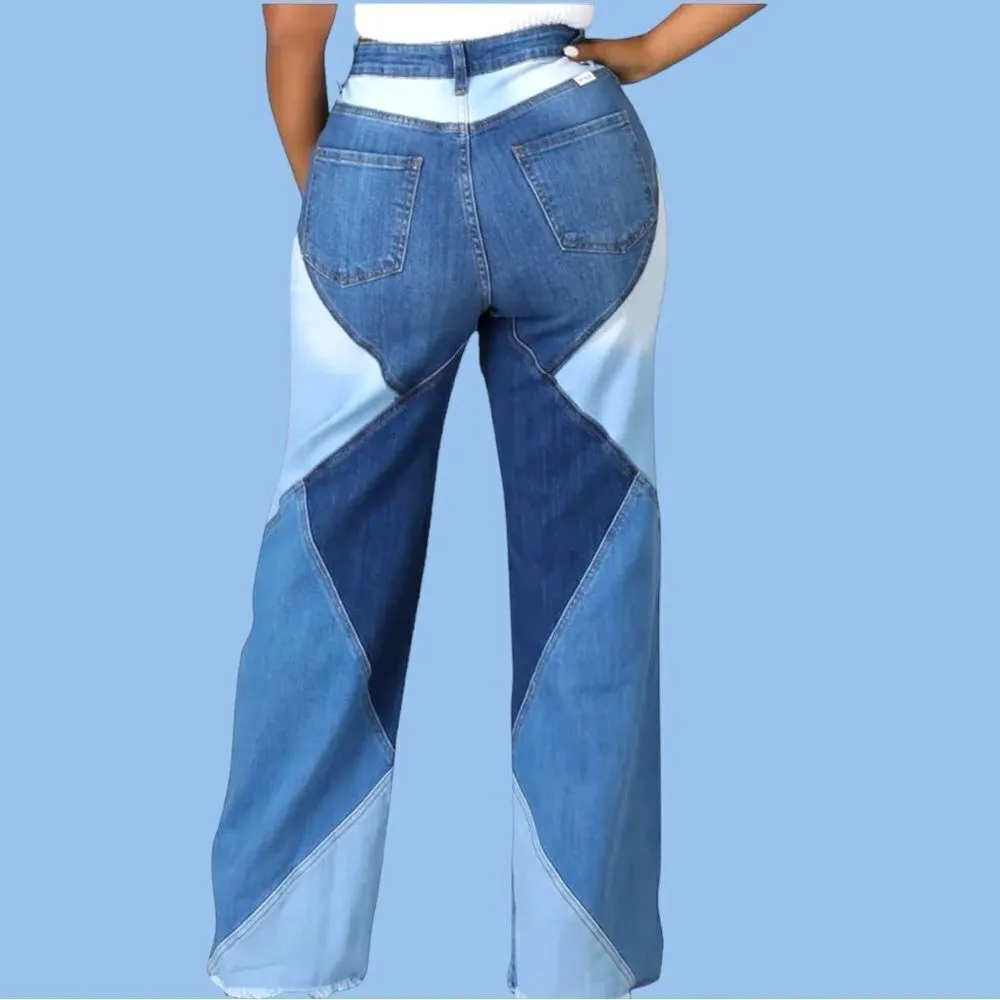 Vanberfia nwt stretchy patchwork style flared hem jeans! Blue Size undefined - Image 3