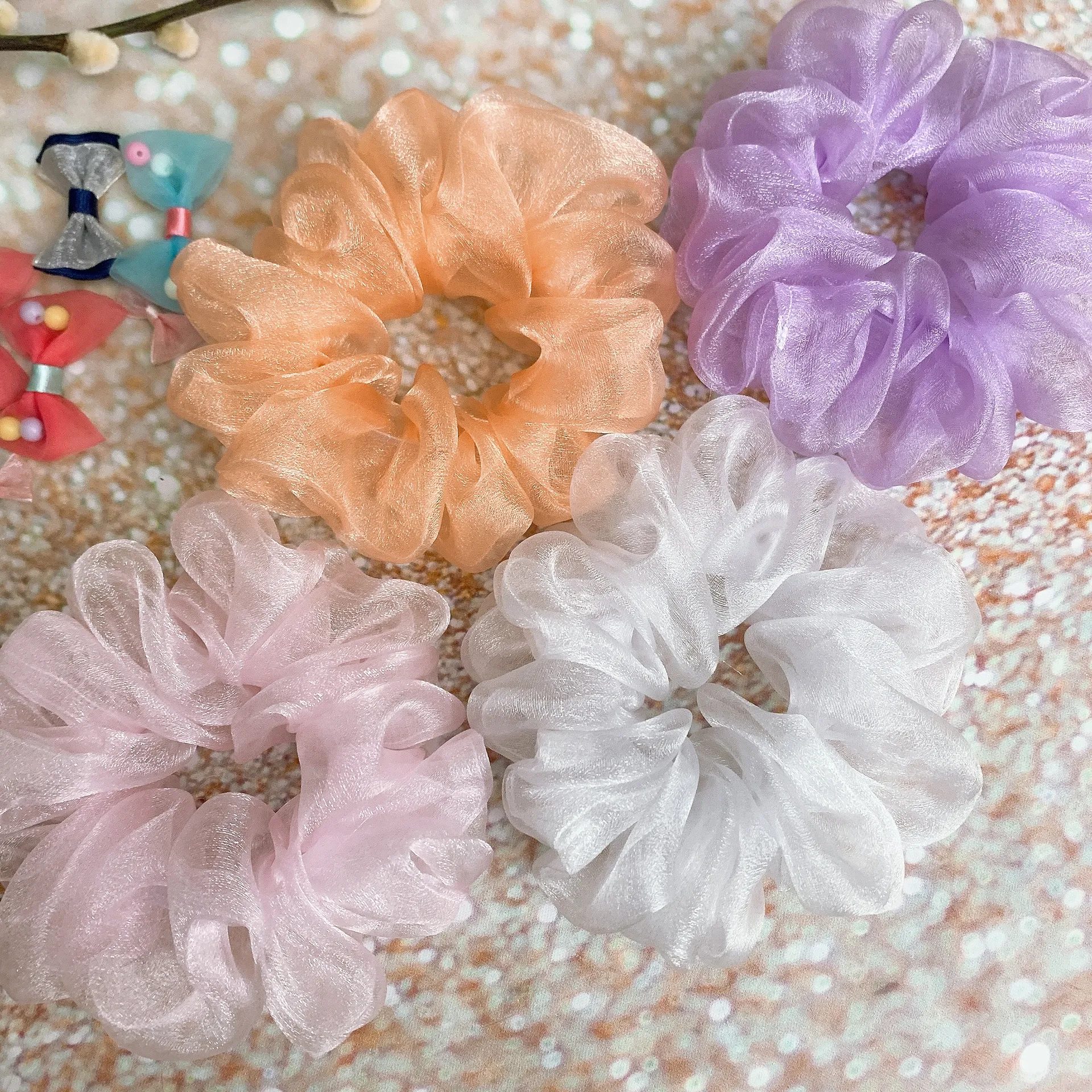 Soft Pink Crystal Organza Hair Scrunchie Hair Accessories - Image 9