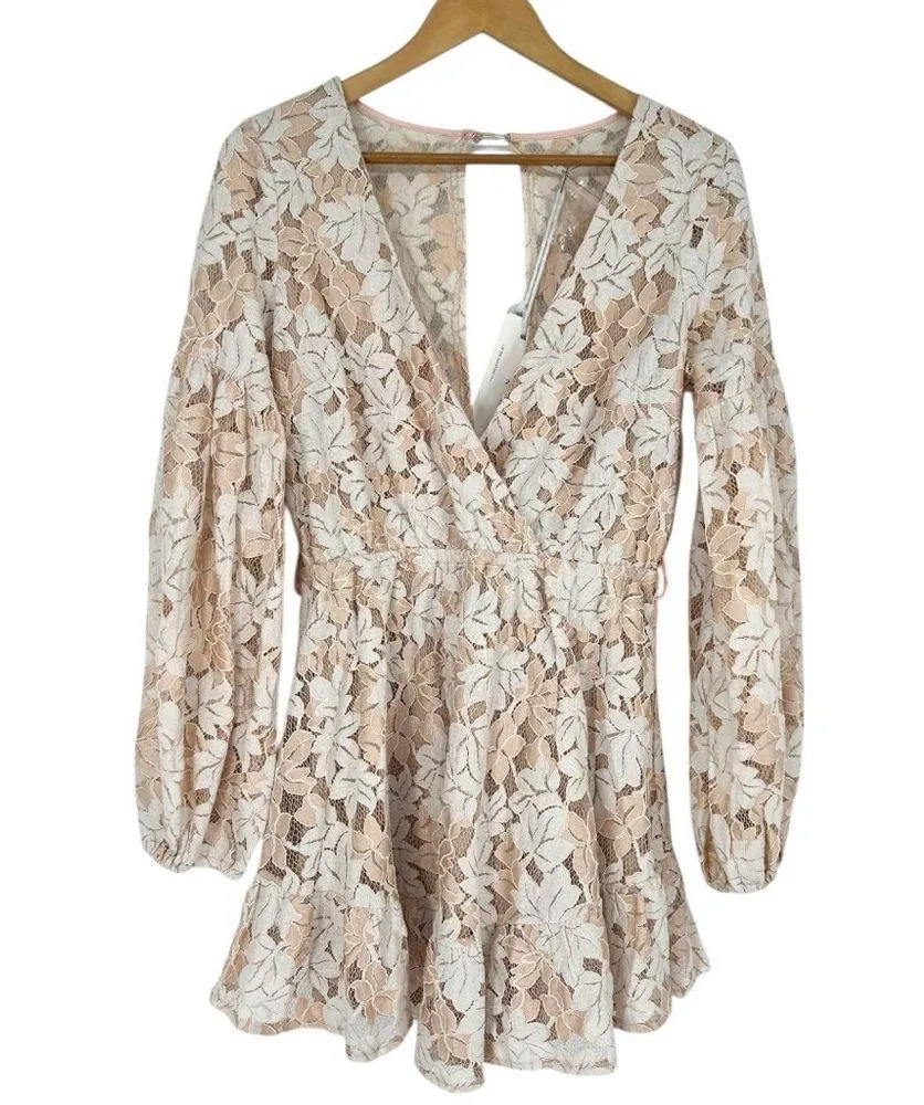 Here Comes the Sun Lace Mini Dress size AUS 12/US Large White Mocha Keyhole Back - Image 4
