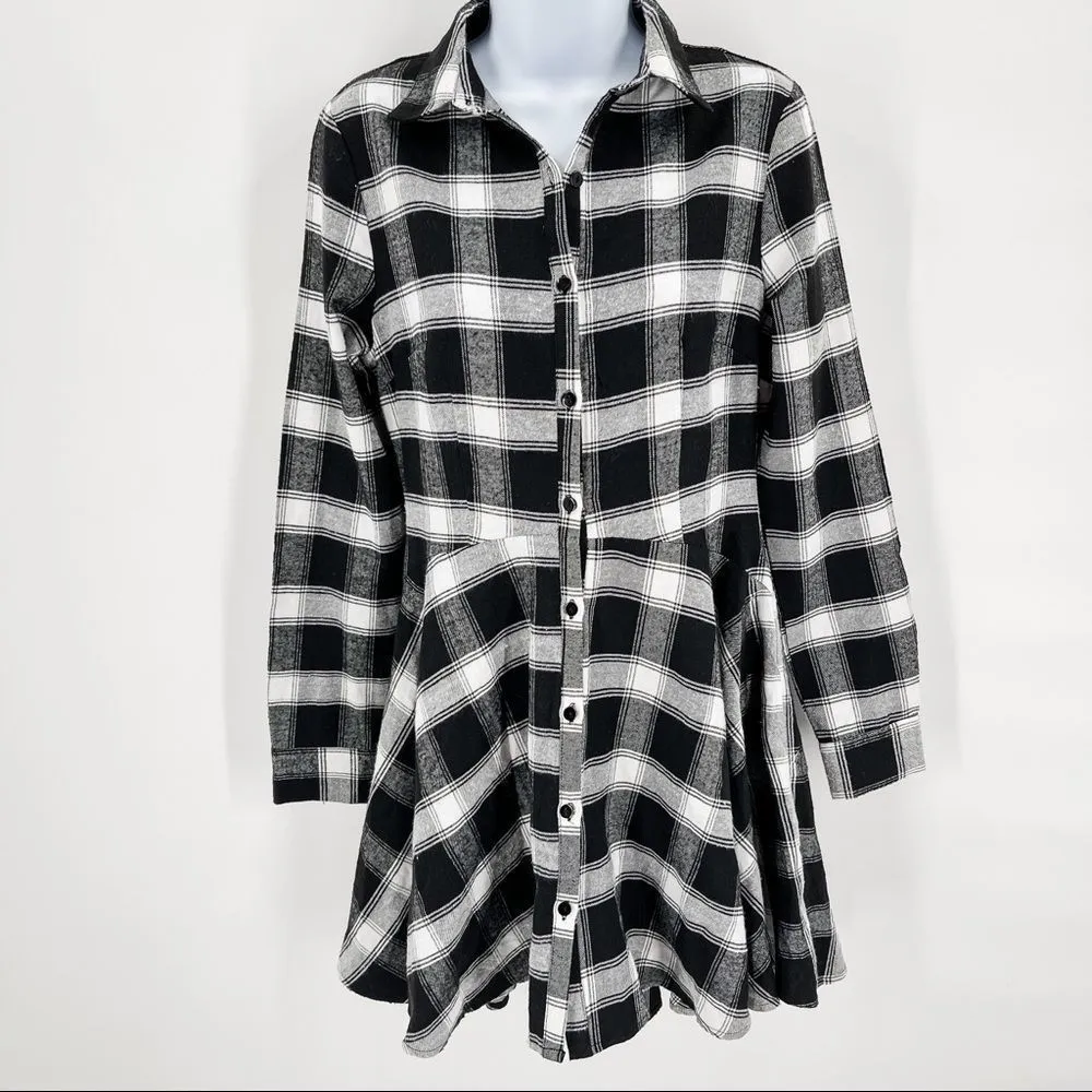 Missguided Plaid Check Black White Long Sleeve Button Down Skater Shirt Dress - Image 78