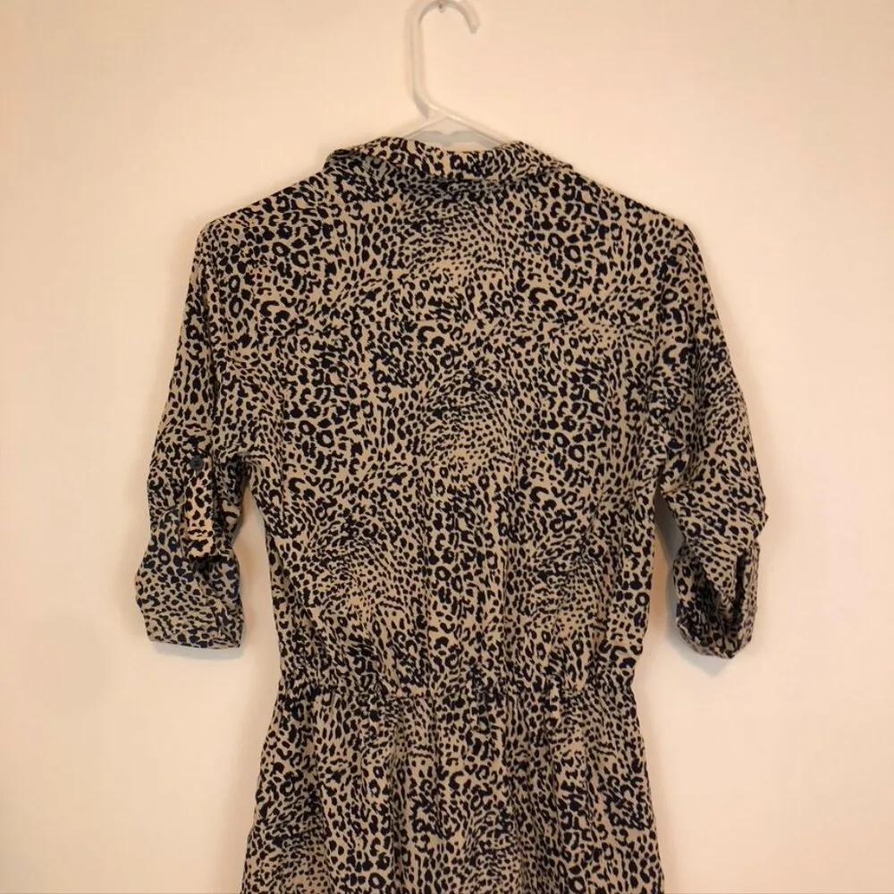 COLLECTIVE CONCEPTS Cream Beige Navy Blue Cheetah Leopard Animal Shirt Dress XS - Image 9