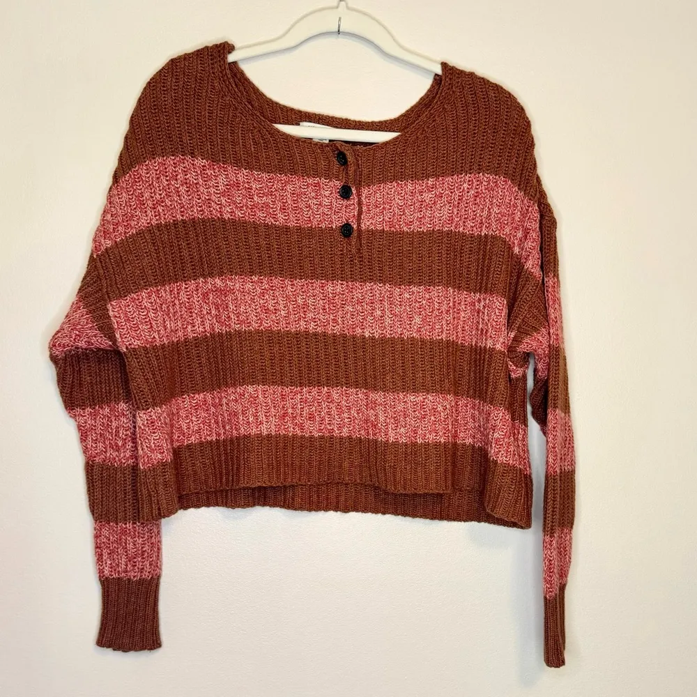 Retro Brown and Pink Striped Henley Sweater Sz S Boxy Cropped - Image 2
