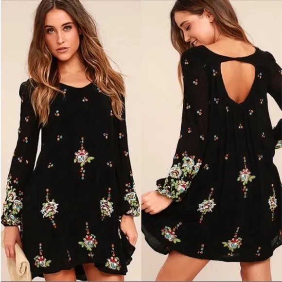 Free People Black Oxford Embroidered Long Sleeve Mini Dress Size XS - Image 2